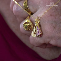 Colar Nossa Senhora Aparecida - Dupla Face com Manto de Zircônia Rosa