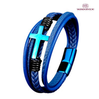 Pulseira de Couro Trançada - Cruz Aço Inoxidável